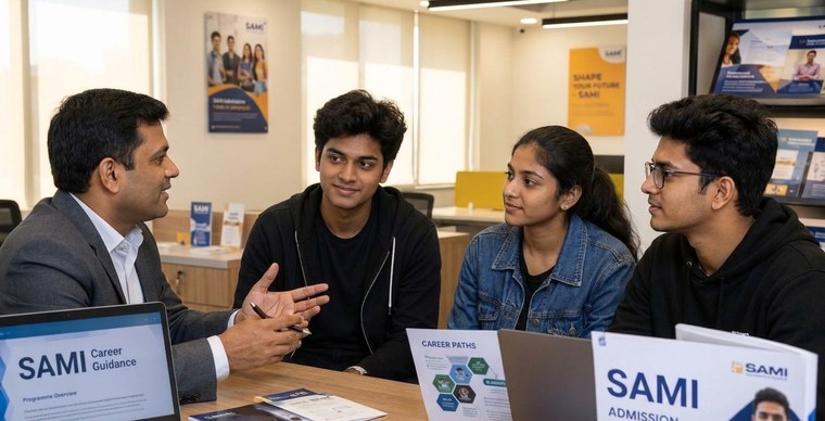A SAMI counsellor guiding three students through career paths